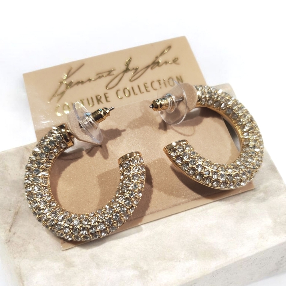 $160 New Kenneth Jay Lane Pave Crystal Gold Plated Hoop Earrings